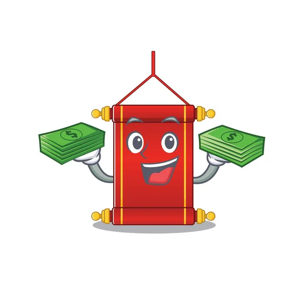 Fiducioso smiley personaggio cinese pergamene con sacchetto di denaro — Vettoriale Stock