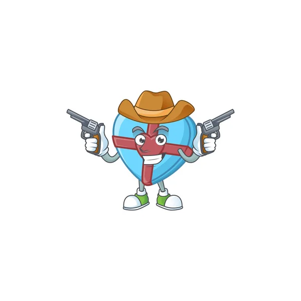 Regalo de amor seguro azul personaje de dibujos animados Cowboy sosteniendo armas — Vector de stock