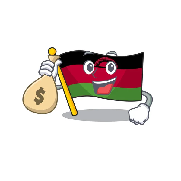 Lindo personaje de dibujos animados malawi bandera sonriente con bolsa de dinero — Vector de stock