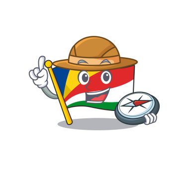 Seyşeller 'in bayrağı. Elinde pusula tutan çizgi film karakteri.