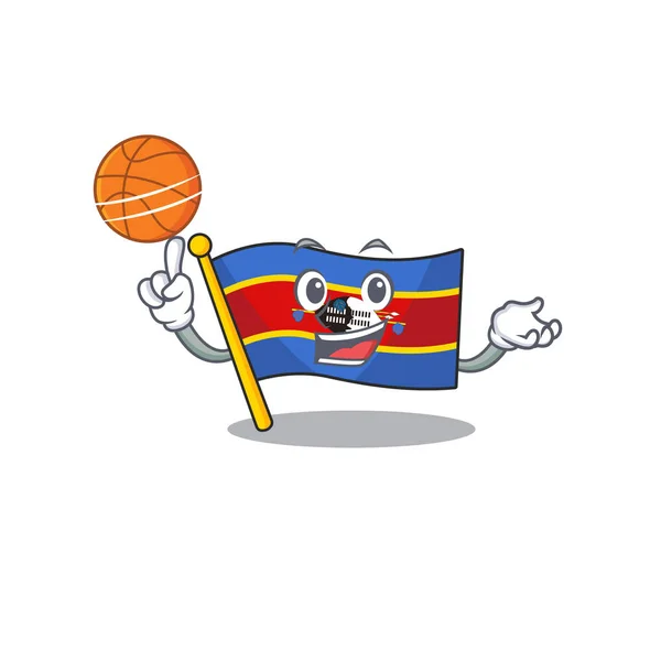 Mascota de bandera swaziland estilo de personaje de dibujos animados con baloncesto — Vector de stock