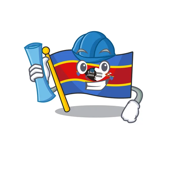 Bandeira do arquiteto alegre estilo cartoon swaziland segurando estampas azuis —  Vetores de Stock