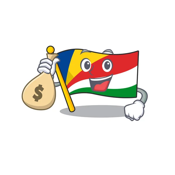 Cute flag seychelles cartoon character smiley with money bag — Stock Vector