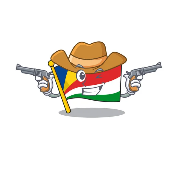 Flag seychelles cartoon character as a Cowboy holding guns — Stock Vector