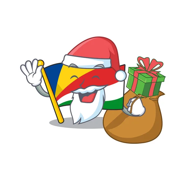 Santa com bandeira do presente seychelles Desenho de personagens de desenhos animados — Vetor de Stock