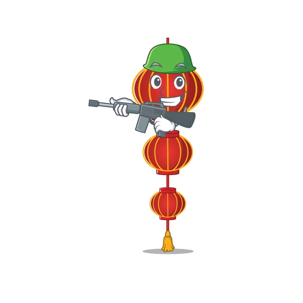 Um estilo de desenho animado de lampião chinês lanterna Exército com metralhadora —  Vetores de Stock