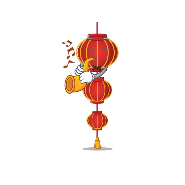 Ceia legal lampion chinês lanterna cartoon personagem desempenho com trompete — Vetor de Stock