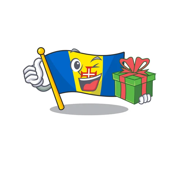Maskottchen Karikatur der glücklichen Flagge Madeira mit Geschenkbox — Stockvektor