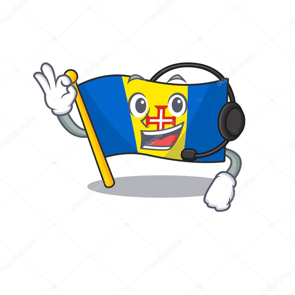 Flag madeira cute cartoon character design with headphone