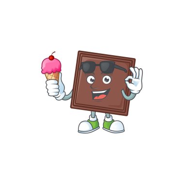 Bir ısırık çikolatalı, maskotlu, dondurmalı çizgi film tasarımlı.