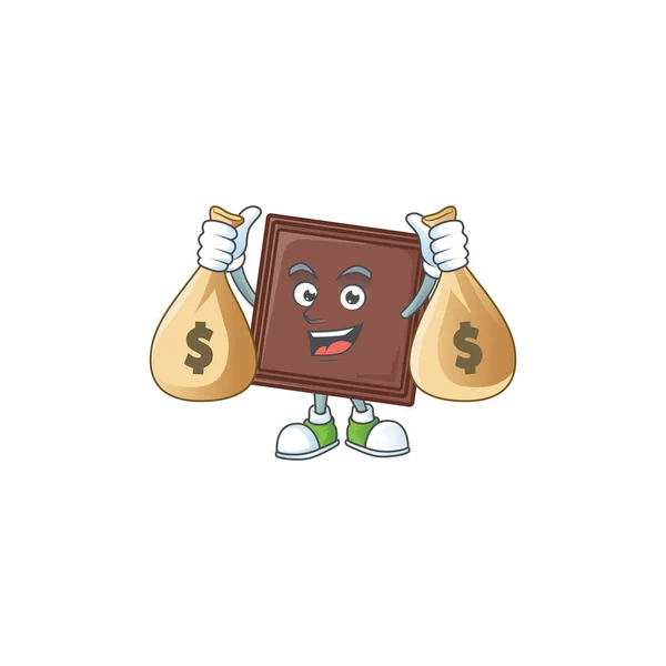 Obraz bogatego jednego ugryzienia czekolada kreskówka postać z dwoma workami pieniędzy — Wektor stockowy