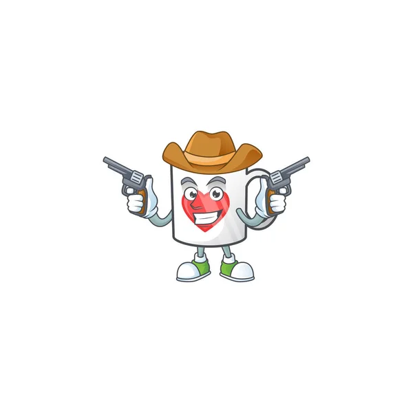 Confiante xícara de café amor Cowboy personagem de desenho animado segurando armas — Vetor de Stock