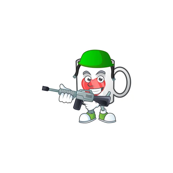 Kupa kávé szerelem karton karakter egy hadsereg egyenruha gépfegyverrel — Stock Vector