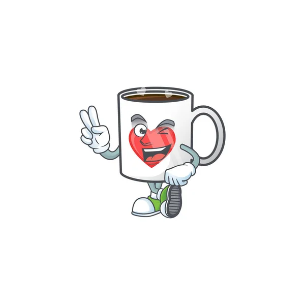 Disegno della mascotte del fumetto di amore tazza di caffè con due dita — Vettoriale Stock