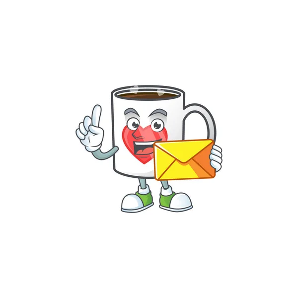 Cheerfully cup coffee love mascot design with envelope — 스톡 벡터