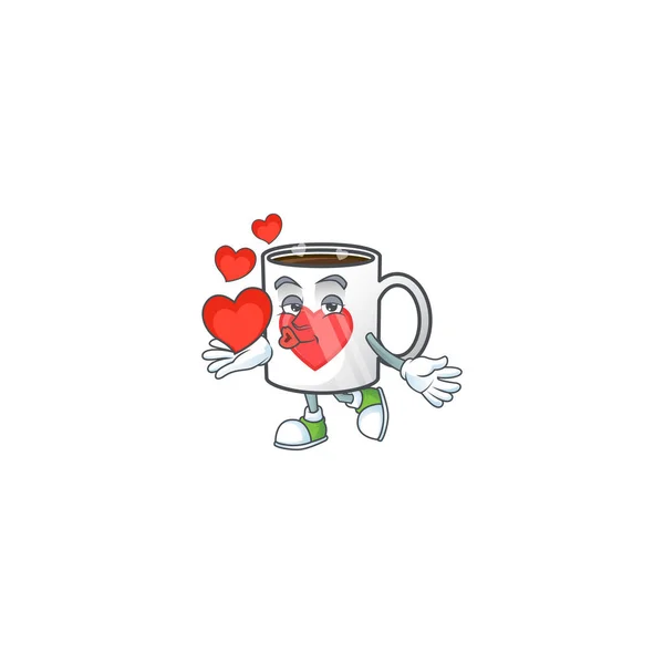 Cara engraçada xícara de café amor desenho animado personagem segurando um coração — Vetor de Stock