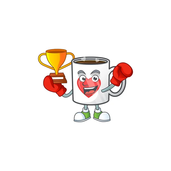Fantastis Boxing pemenang secangkir kopi cinta dalam maskot gaya kartun - Stok Vektor