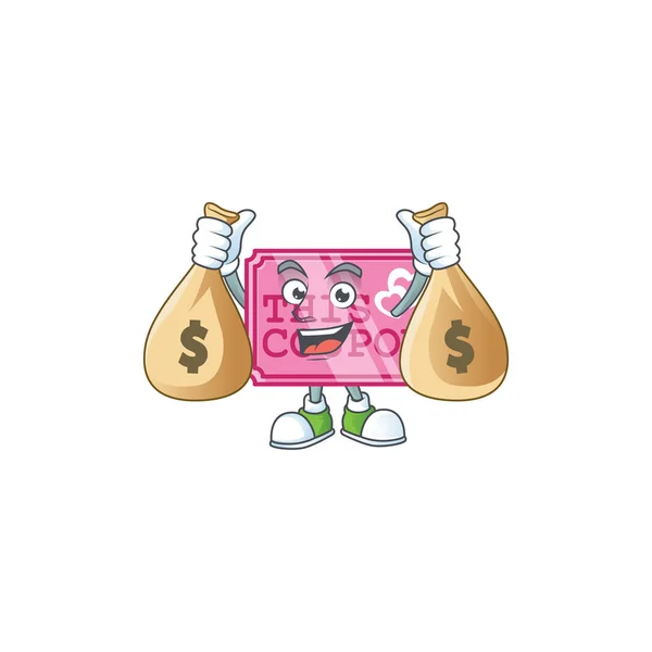 A picture of rich pink love coupon cartoon character with two money bags — Stock Vector