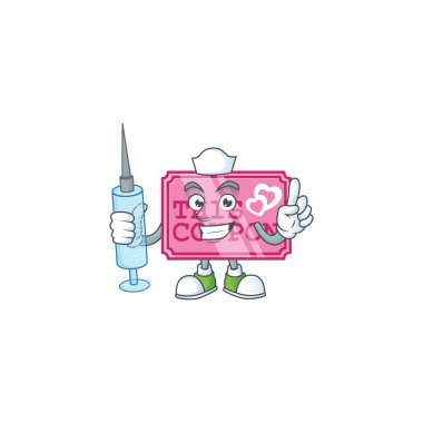 Gülen hemşire pembe aşk kuponu. Şırıngalı çizgi film karakteri.