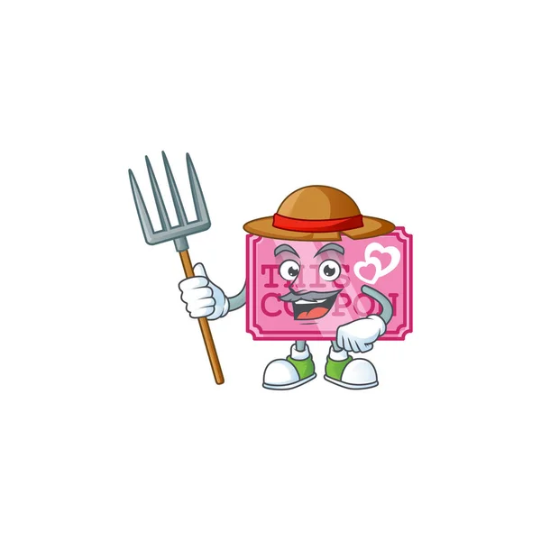 Niedlichen Bauern rosa Liebe Coupon Cartoon-Maskottchen mit Hut und Werkzeug — Stockvektor
