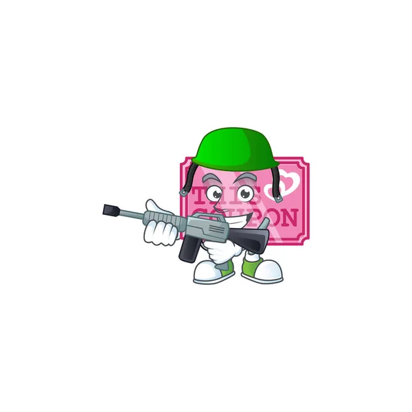 Pink love coupon carton character in an Army uniform with machine gun — 스톡 벡터