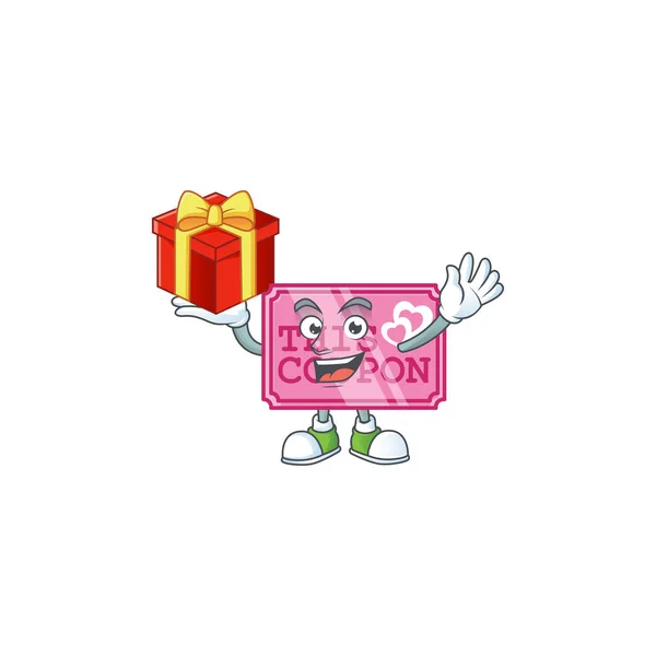 快乐脸蛋粉色爱情优惠券卡通人物有一盒礼物 — 图库矢量图片