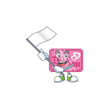 Komik pembe aşk kuponu çizgi film karakteri stili ayakta duran bir bayrak tutuyor.