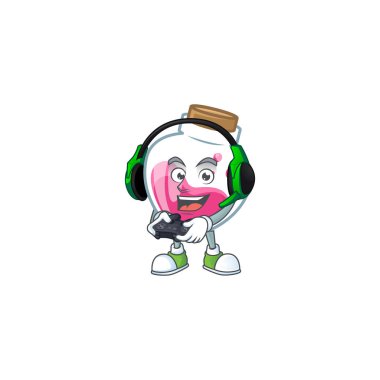 Kulaklığı ve kontrolörü olan havalı pembe iksir çizgi film maskotu