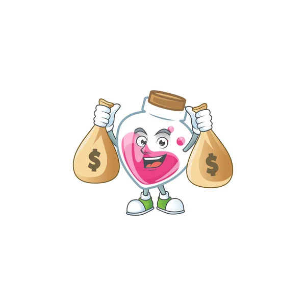 Uma imagem de rico personagem de desenho animado poção rosa com dois sacos de dinheiro — Vetor de Stock