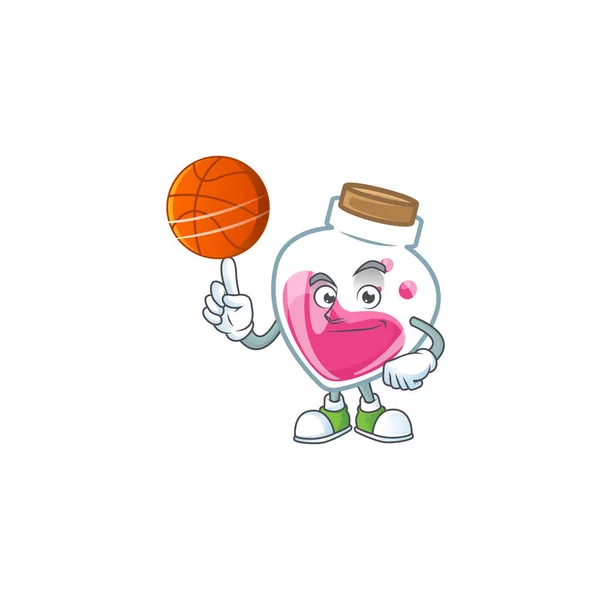 En hälsosam rosa dryck tecknad karaktär spelar basket — Stock vektor