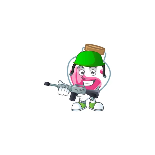 Pink potion carton character in an Army uniform with machine gun — Stock Vector