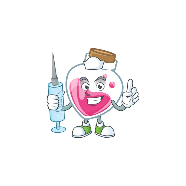 Smiley Nurse pink potion cartoon character with a syringe — Stock Vector