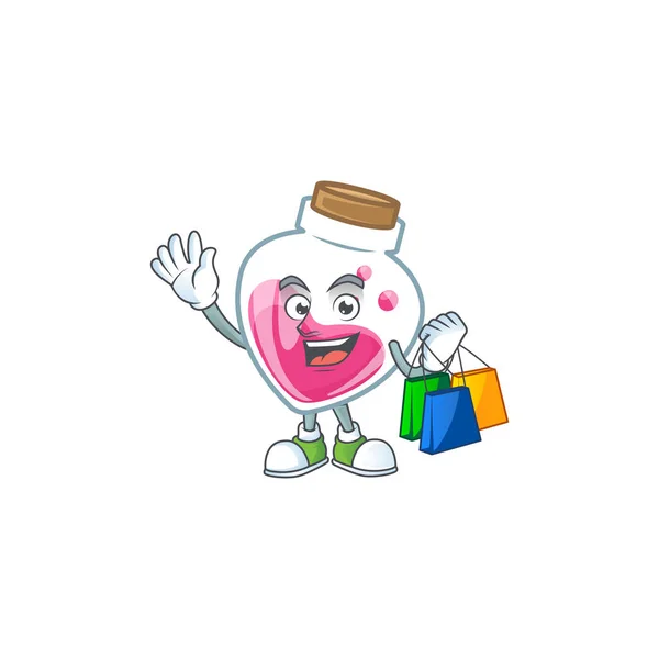 A happy rich pink potion waving and holding Shopping bag — Stock Vector