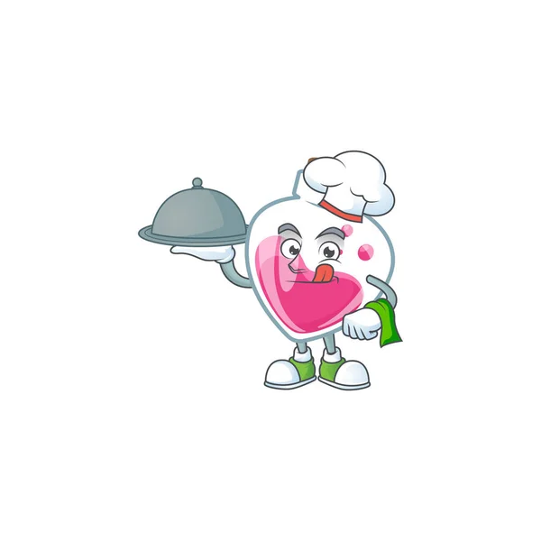 Disegno del fumetto della pozione rosa come chef con cibo sul vassoio — Vettoriale Stock