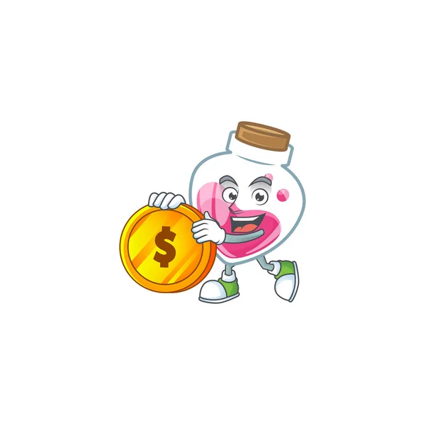 Riche potion rose style de dessin animé de mascotte avec pièce d'or — Image vectorielle