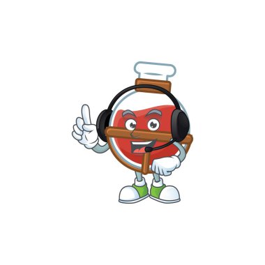 Gülen kırmızı iksir çizgi film karakteri tasarımı kulaklık takıyor