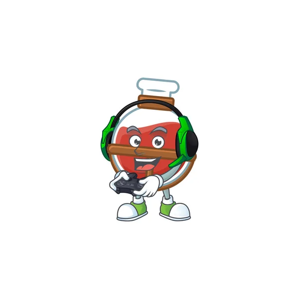 Mascotte cool potion rouge dessin animé avec casque et contrôleur — Image vectorielle