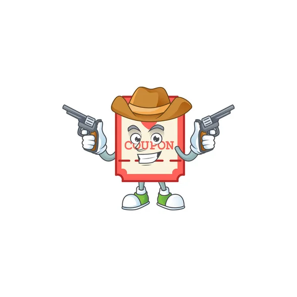 Confident red love coupon Cowboy cartoon character holding guns — Stock Vector