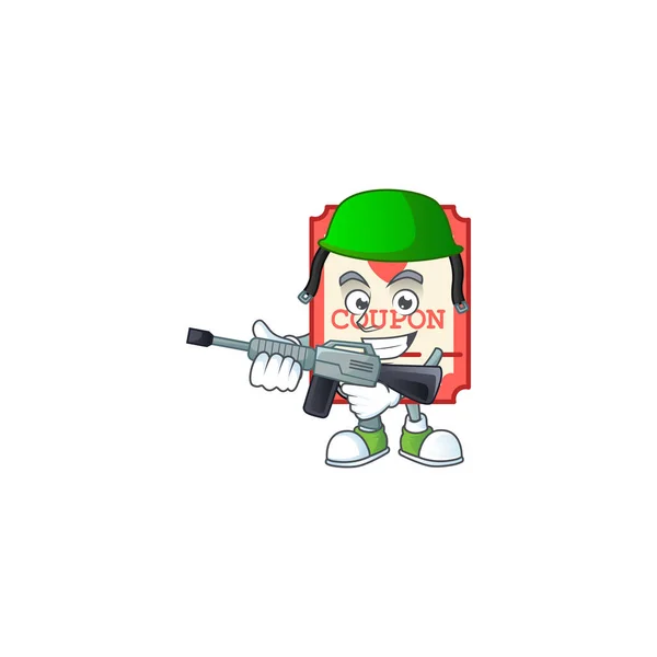 Red love coupon carton character in an Army uniform with machine gun — 스톡 벡터