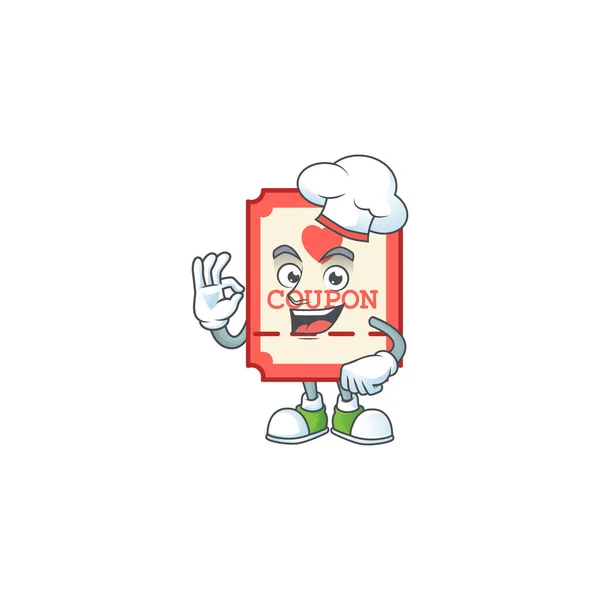 Rojo amor cupón personaje de dibujos animados con traje de chef y sombrero blanco — Vector de stock