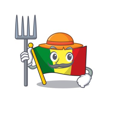 Çiftçi bayrağı şapkası ve aletleri olan bir çizgi film karakteri