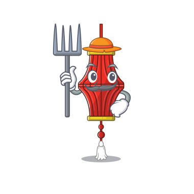 Çiftçi Çin kağıt fenerleri şapka ve aletlerle çizgi film karakteri