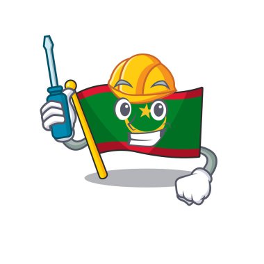 Karikatür karakteri tarzında sunulan havalı otomotiv bayrağı.