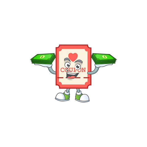 Happy rich red love coupon character with money on hands — Stock vektor