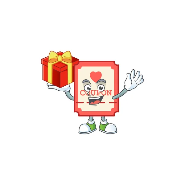 Happy face red love coupon cartoon character having a box of gift — Stok Vektör