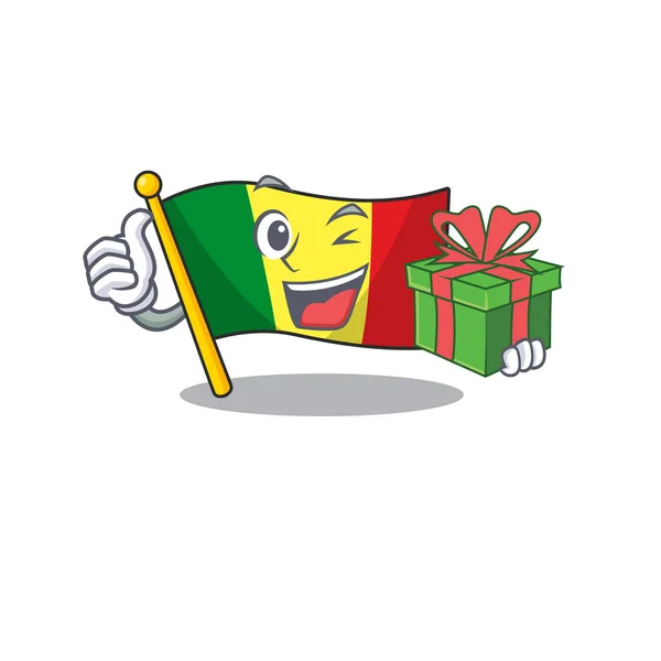 Maskottchen Karikatur der fröhlichen Flagge mali mit Geschenkbox — Stockvektor