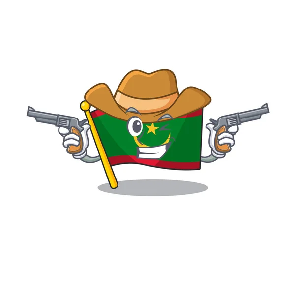 Bandera mauritania personaje de dibujos animados como un vaquero con armas de fuego — Vector de stock