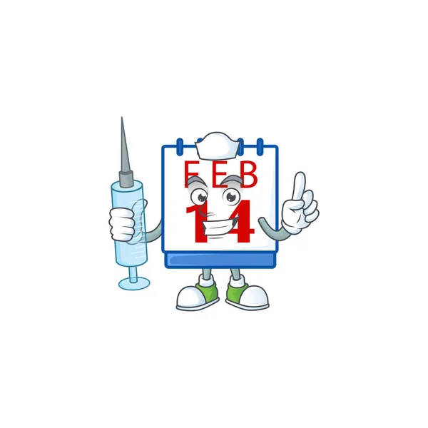 Smiley Nurse 14th valentine calendar cartoon character with a syringe — Stok Vektör