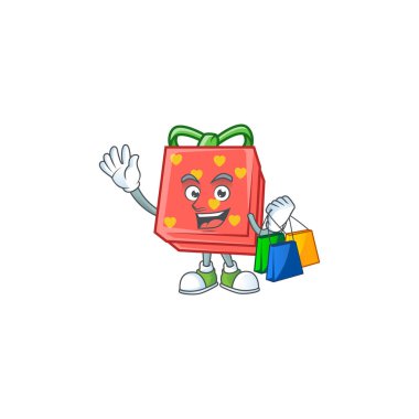 Mutlu, zengin bir aşk hediyesi kırmızı bir el sallama ve alışveriş çantası