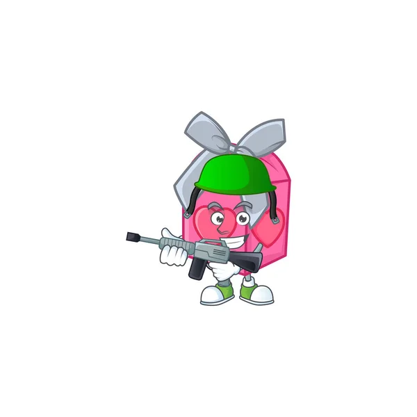 Cadeau d'amour en carton rose personnage dans un uniforme de l'armée avec mitrailleuse — Image vectorielle